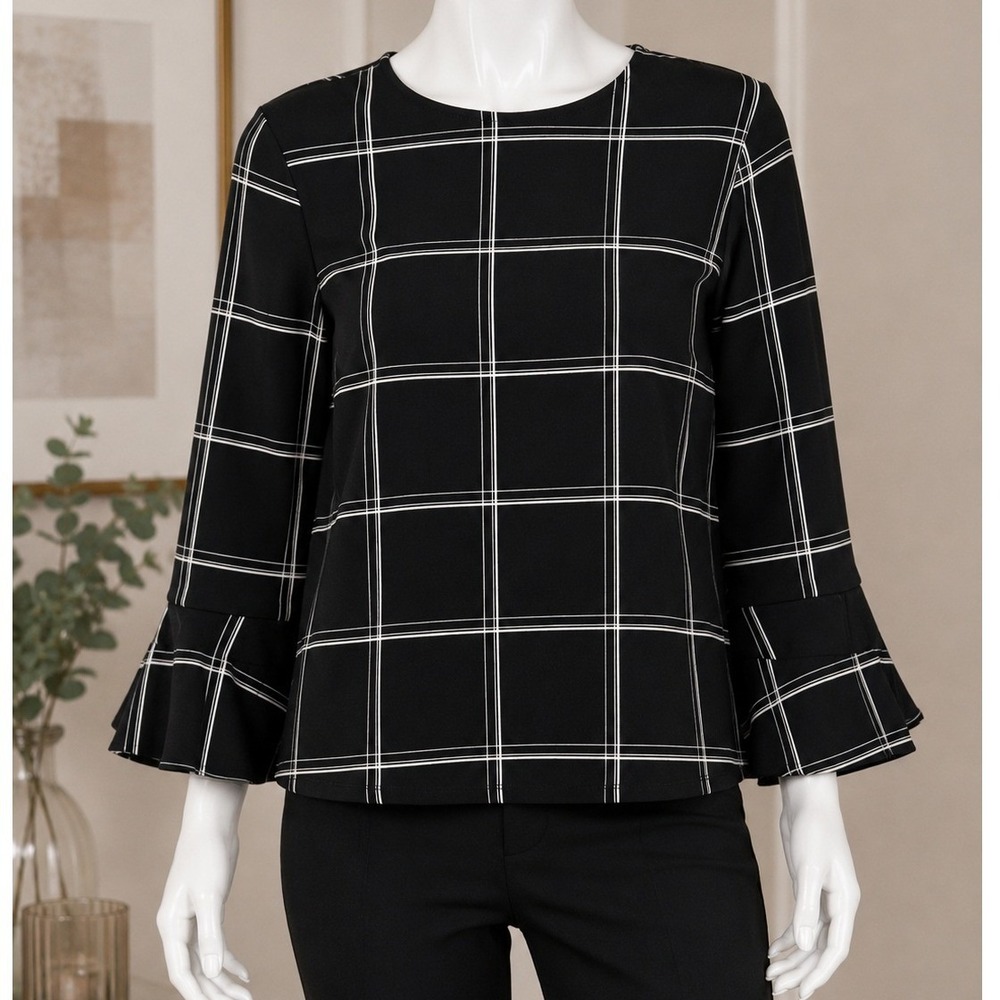 H&M Womens Blouse Black White Windowpane Plaid Bell Sleeve S